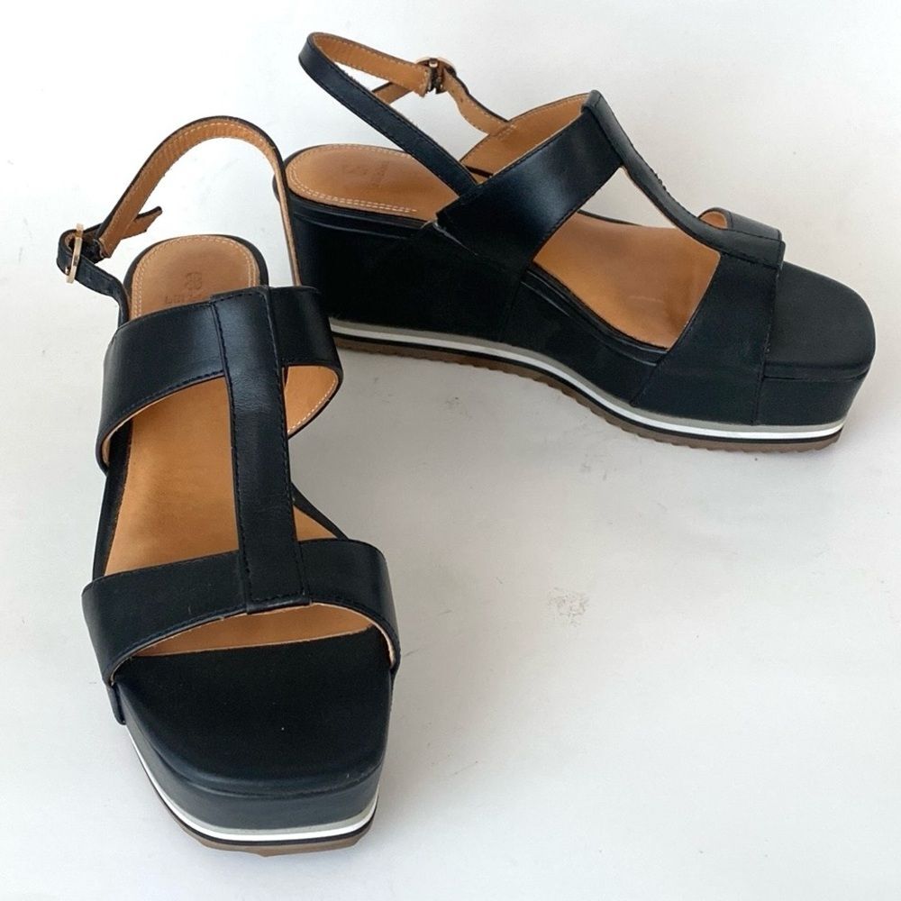 Bill Blass Black Leather Wedge Strap Sandals sz 6.5 Preppy Feminine Comfort Chic